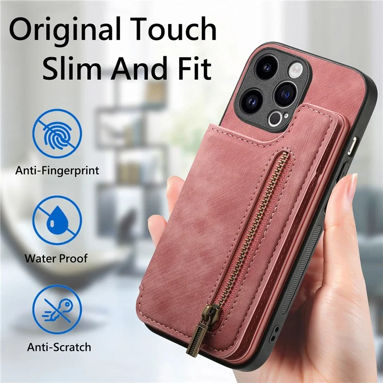 D15 For iPhone 15 Pro Max Kickstand Case Retro PU+TPU Wallet Phone Cover - Pink