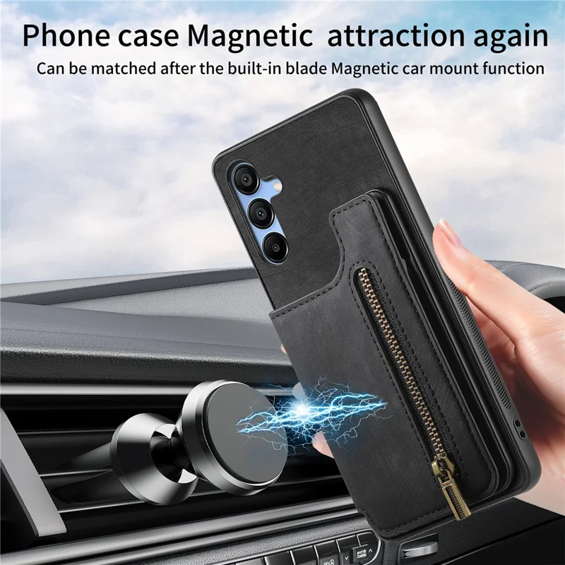 D15 For Samsung Galaxy A15 4G / 5G Case Retro Leather+TPU Wallet Zipper Pocket Phone Cover - Black