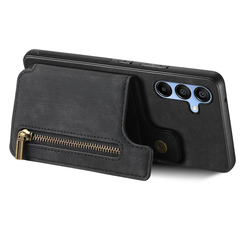 D15 For Samsung Galaxy A15 4G / 5G Case Retro Leather+TPU Wallet Zipper Pocket Phone Cover - Black