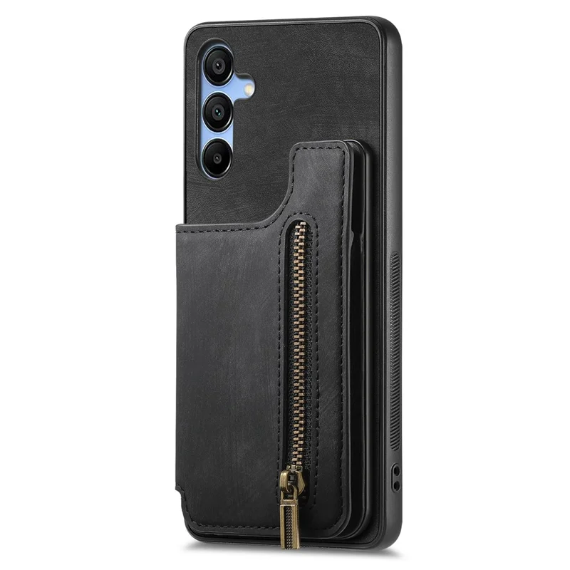 D15 For Samsung Galaxy A15 4G / 5G Case Retro Leather+TPU Wallet Zipper Pocket Phone Cover - Black