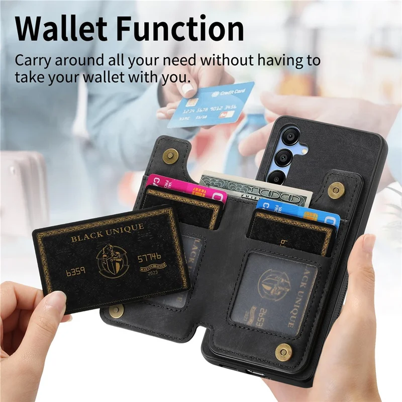 D15 For Samsung Galaxy A15 4G / 5G Case Retro Leather+TPU Wallet Zipper Pocket Phone Cover - Black