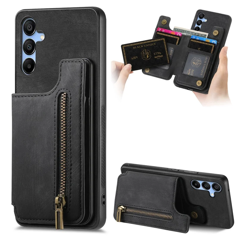 D15 Etui dla Samsung Galaxy A55 5G, Retro Skóra+TPU, Kieszeń na Zamku, Uchwyt Magnetyczny, Czarny