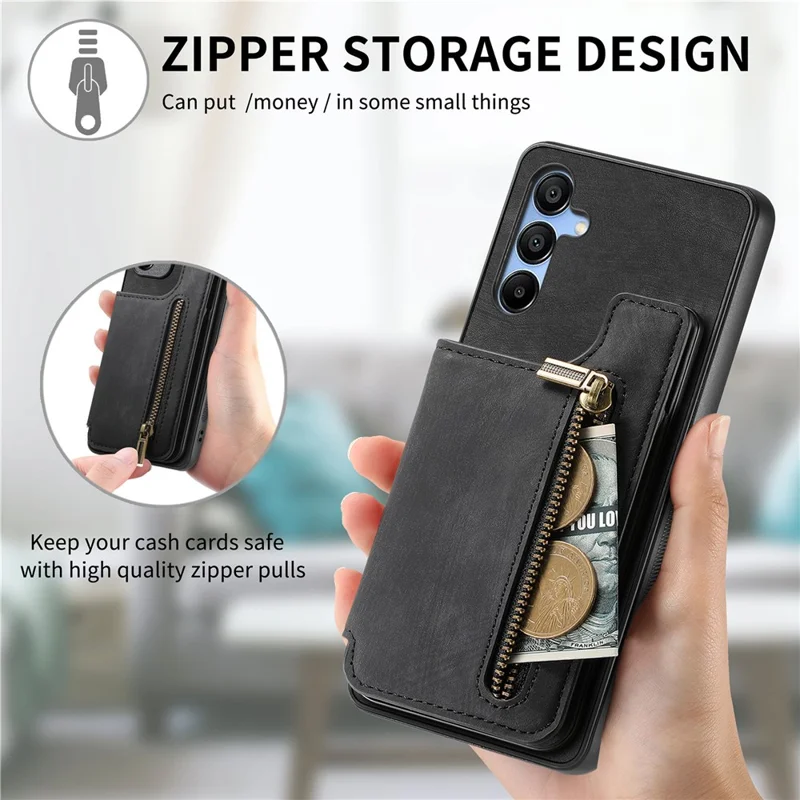 D15 Etui dla Samsung Galaxy A55 5G, Retro Skóra+TPU, Kieszeń na Zamku, Uchwyt Magnetyczny, Czarny