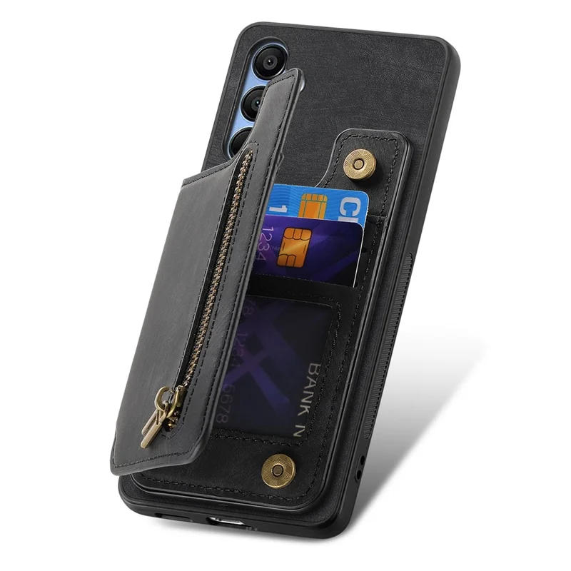 D15 Etui dla Samsung Galaxy A55 5G, Retro Skóra+TPU, Kieszeń na Zamku, Uchwyt Magnetyczny, Czarny