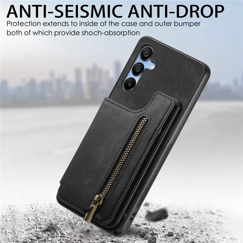 D15 Etui dla Samsung Galaxy A55 5G, Retro Skóra+TPU, Kieszeń na Zamku, Uchwyt Magnetyczny, Czarny