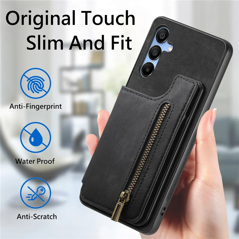 D15 Etui dla Samsung Galaxy A55 5G, Retro Skóra+TPU, Kieszeń na Zamku, Uchwyt Magnetyczny, Czarny