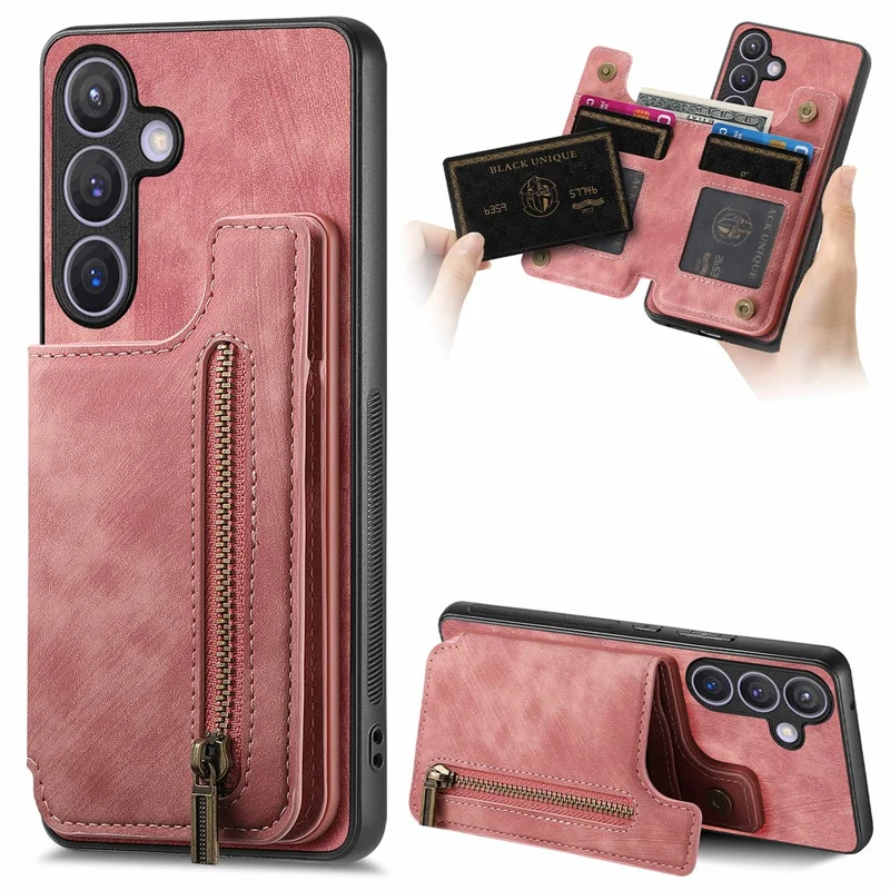 D15 For Samsung Galaxy S24 Wallet Case Retro PU+TPU Anti-scratch Kickstand Phone Shell - Pink