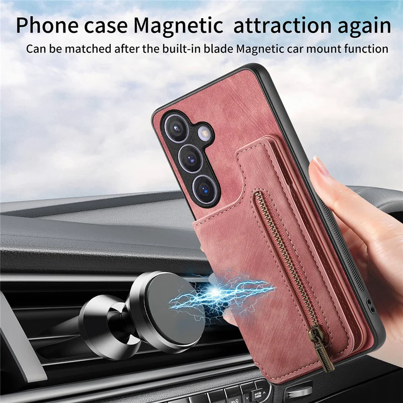 D15 For Samsung Galaxy S24 Wallet Case Retro PU+TPU Anti-scratch Kickstand Phone Shell - Pink
