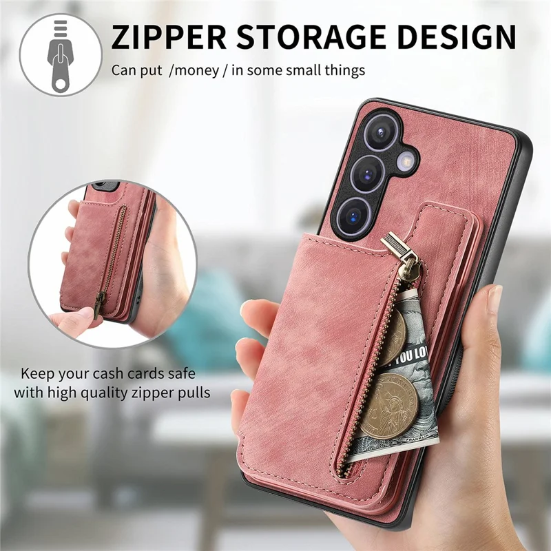 D15 For Samsung Galaxy S24 Wallet Case Retro PU+TPU Anti-scratch Kickstand Phone Shell - Pink