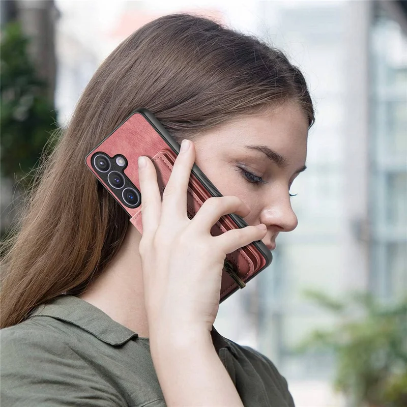 D15 For Samsung Galaxy S24 Wallet Case Retro PU+TPU Anti-scratch Kickstand Phone Shell - Pink