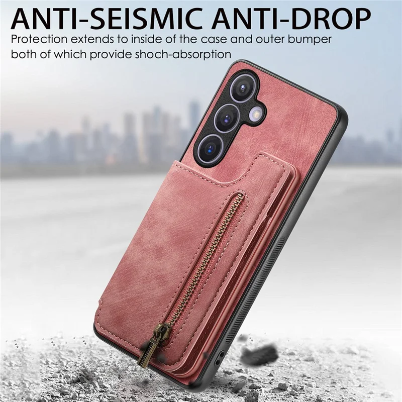 D15 For Samsung Galaxy S24 Wallet Case Retro PU+TPU Anti-scratch Kickstand Phone Shell - Pink