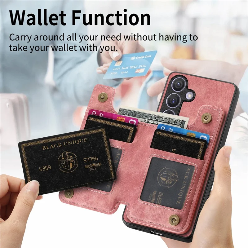 D15 For Samsung Galaxy S24 Wallet Case Retro PU+TPU Anti-scratch Kickstand Phone Shell - Pink