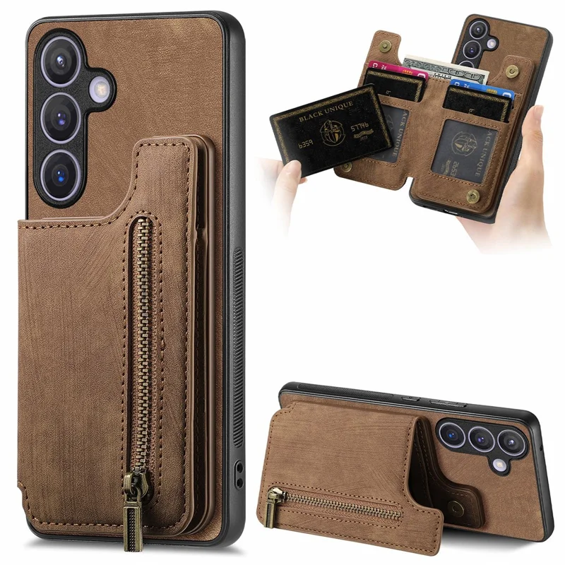 D15 For Samsung Galaxy S24 Wallet Case Retro PU+TPU Anti-scratch Kickstand Phone Shell - Brown
