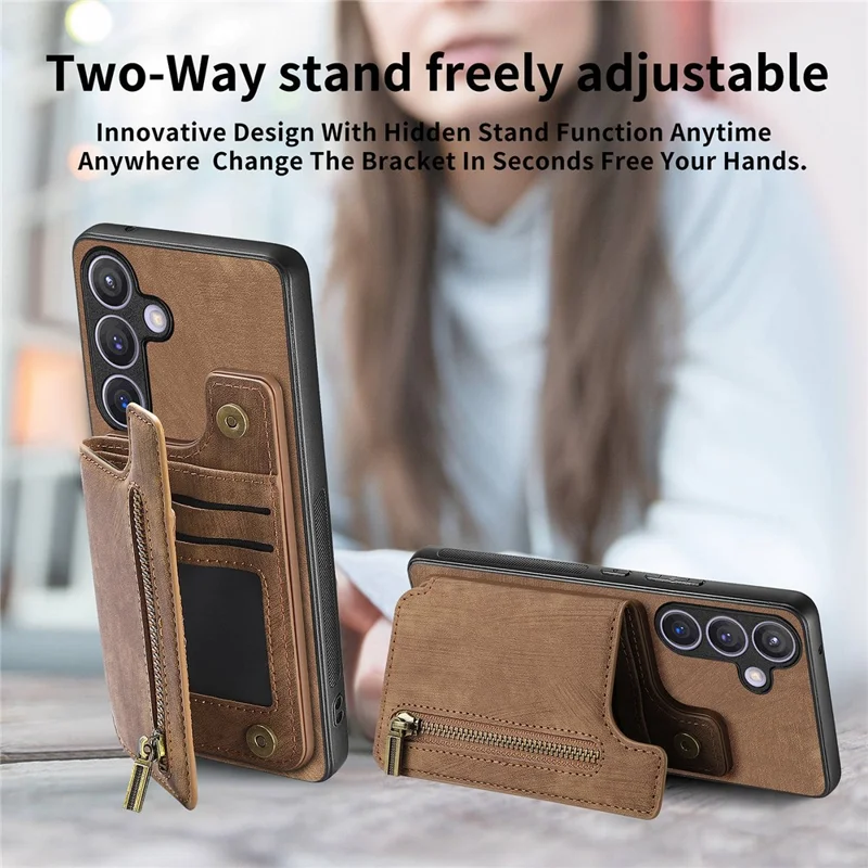 D15 For Samsung Galaxy S24 Wallet Case Retro PU+TPU Anti-scratch Kickstand Phone Shell - Brown