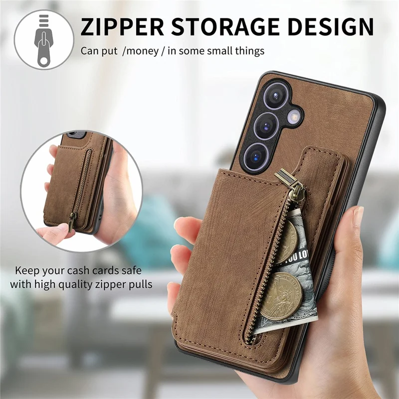 D15 For Samsung Galaxy S24 Wallet Case Retro PU+TPU Anti-scratch Kickstand Phone Shell - Brown