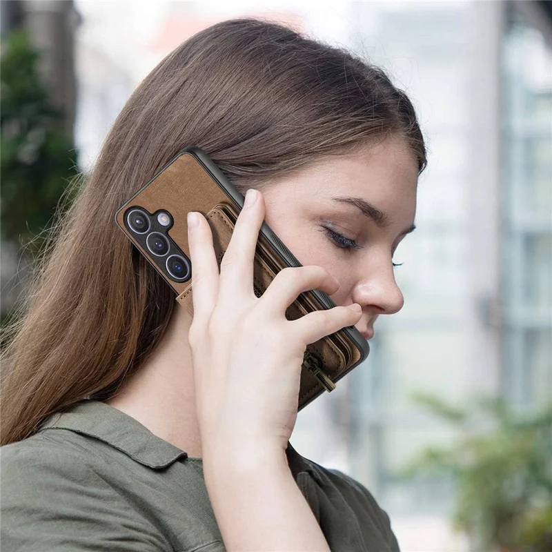 D15 For Samsung Galaxy S24 Wallet Case Retro PU+TPU Anti-scratch Kickstand Phone Shell - Brown