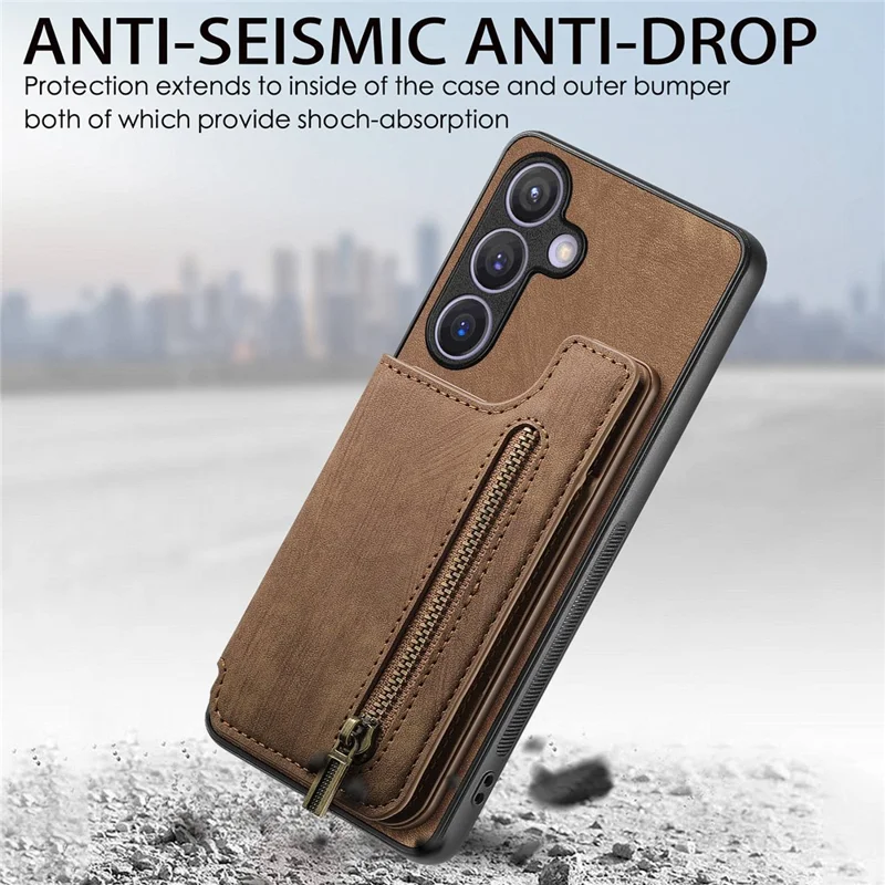 D15 For Samsung Galaxy S24 Wallet Case Retro PU+TPU Anti-scratch Kickstand Phone Shell - Brown
