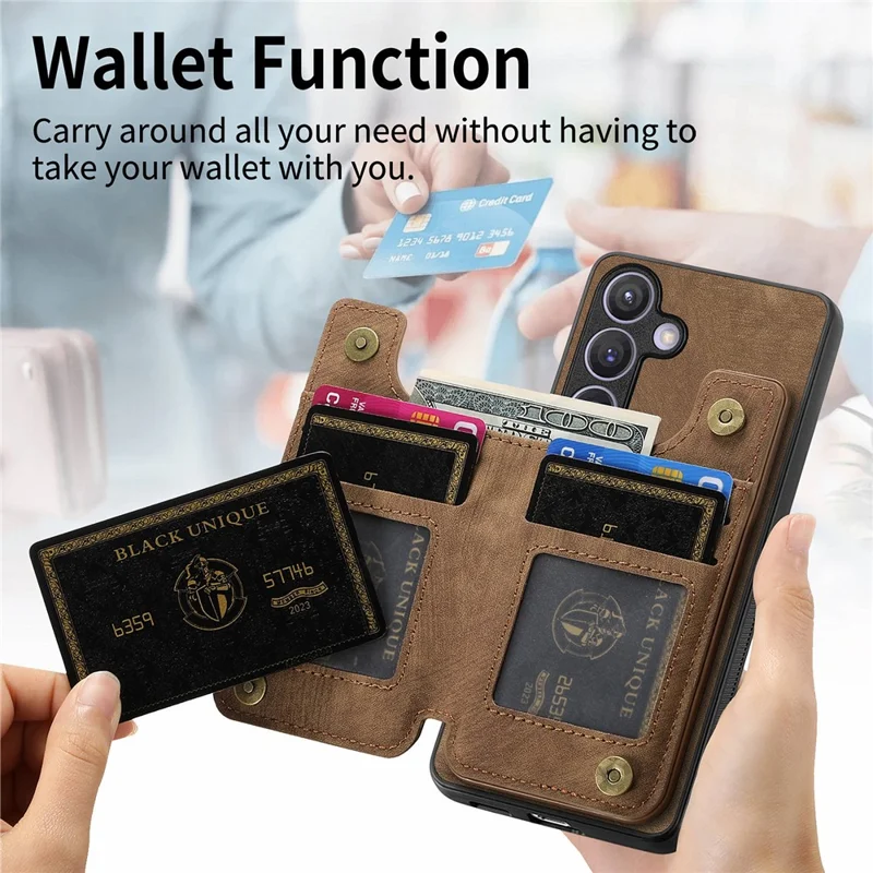 D15 For Samsung Galaxy S24 Wallet Case Retro PU+TPU Anti-scratch Kickstand Phone Shell - Brown