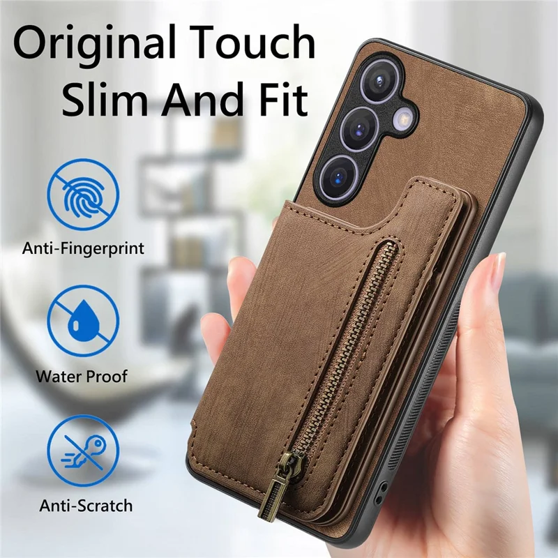 D15 For Samsung Galaxy S24 Wallet Case Retro PU+TPU Anti-scratch Kickstand Phone Shell - Brown
