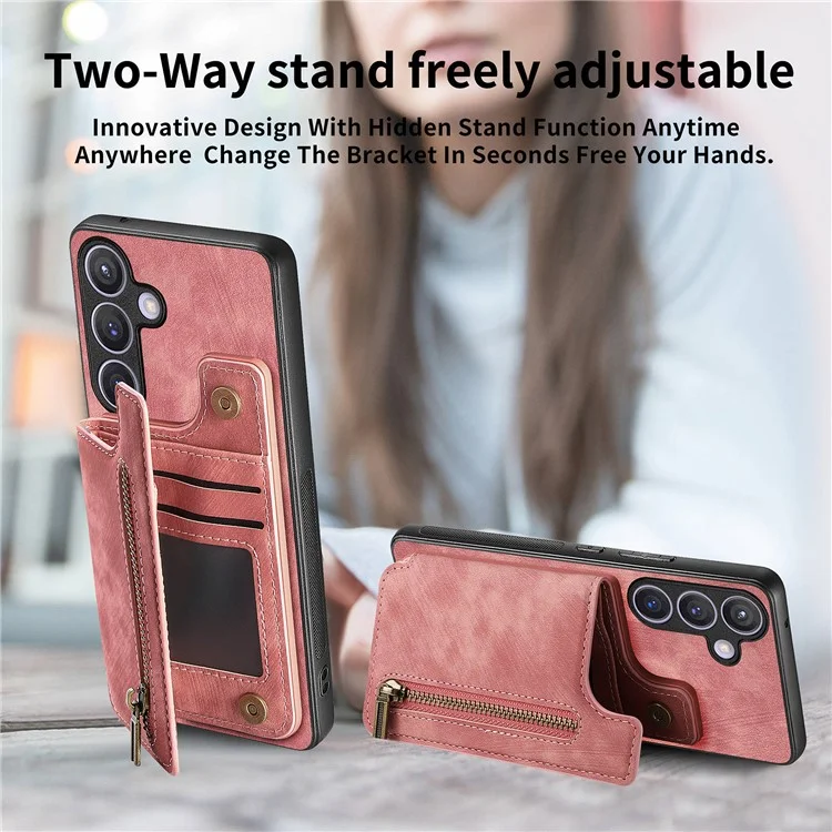 Étui D15 pour Samsung Galaxy S24+ Rétro PU+TPU Support Portefeuille Coque de téléphone - Rose
