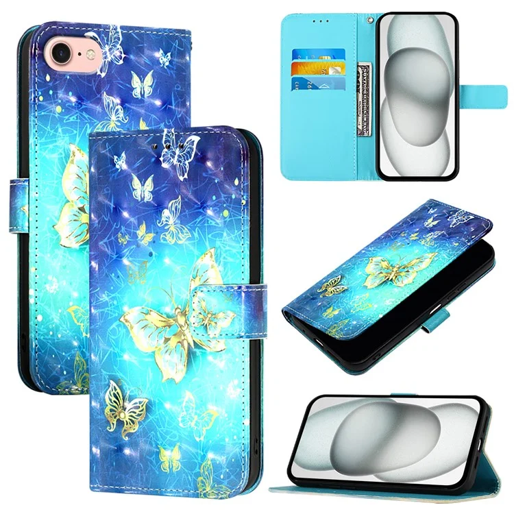 Série de cuir imprimé YB Pattern - 2 pour iPhone SE (2024) - Étui de protection avec dragonne - Papillons dorés