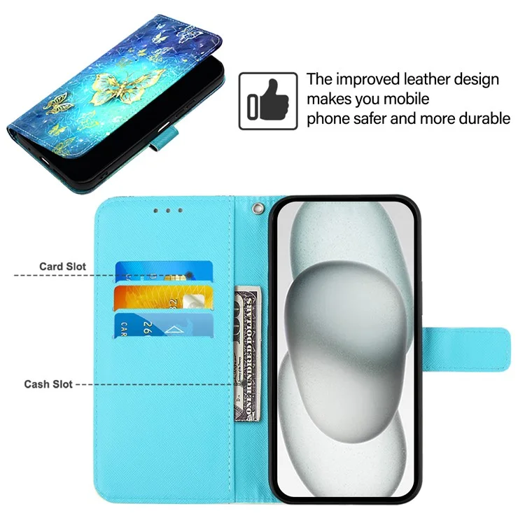 Série de cuir imprimé YB Pattern - 2 pour iPhone SE (2024) - Étui de protection avec dragonne - Papillons dorés