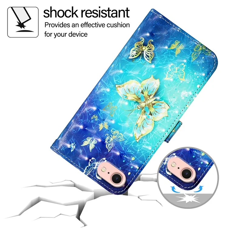Série de cuir imprimé YB Pattern - 2 pour iPhone SE (2024) - Étui de protection avec dragonne - Papillons dorés