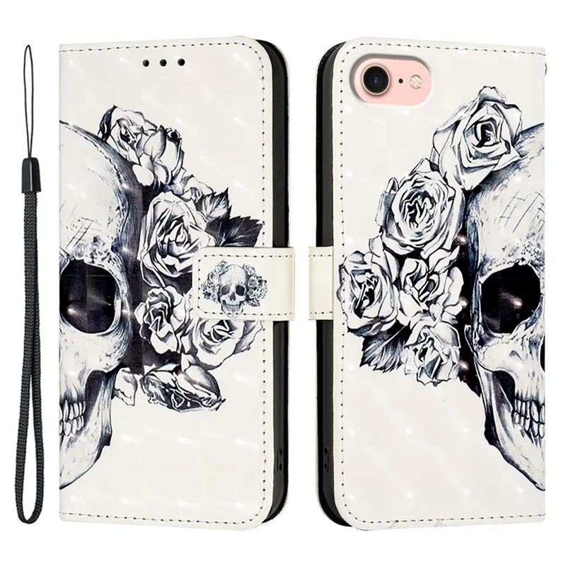 For iPhone 17e / 16e Leather Case Pattern Printing Wallet Stand Mobile Cover with Strap - Skull