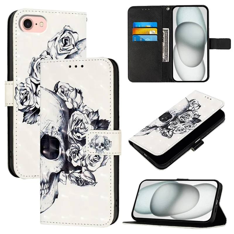 For iPhone 17e / 16e Leather Case Pattern Printing Wallet Stand Mobile Cover with Strap - Skull