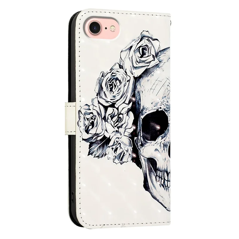 For iPhone 17e / 16e Leather Case Pattern Printing Wallet Stand Mobile Cover with Strap - Skull