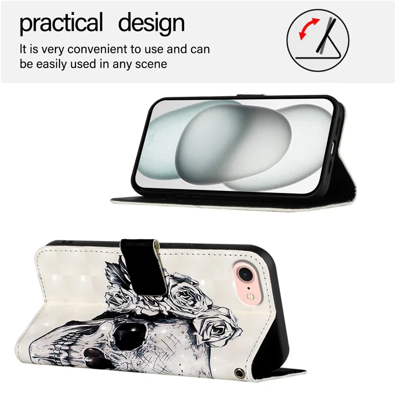 For iPhone 17e / 16e Leather Case Pattern Printing Wallet Stand Mobile Cover with Strap - Skull