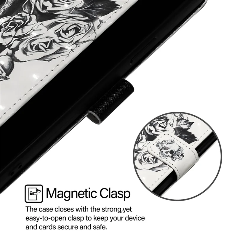 For iPhone 17e / 16e Leather Case Pattern Printing Wallet Stand Mobile Cover with Strap - Skull