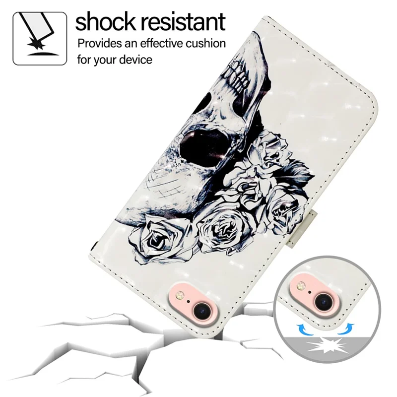 For iPhone 17e / 16e Leather Case Pattern Printing Wallet Stand Mobile Cover with Strap - Skull