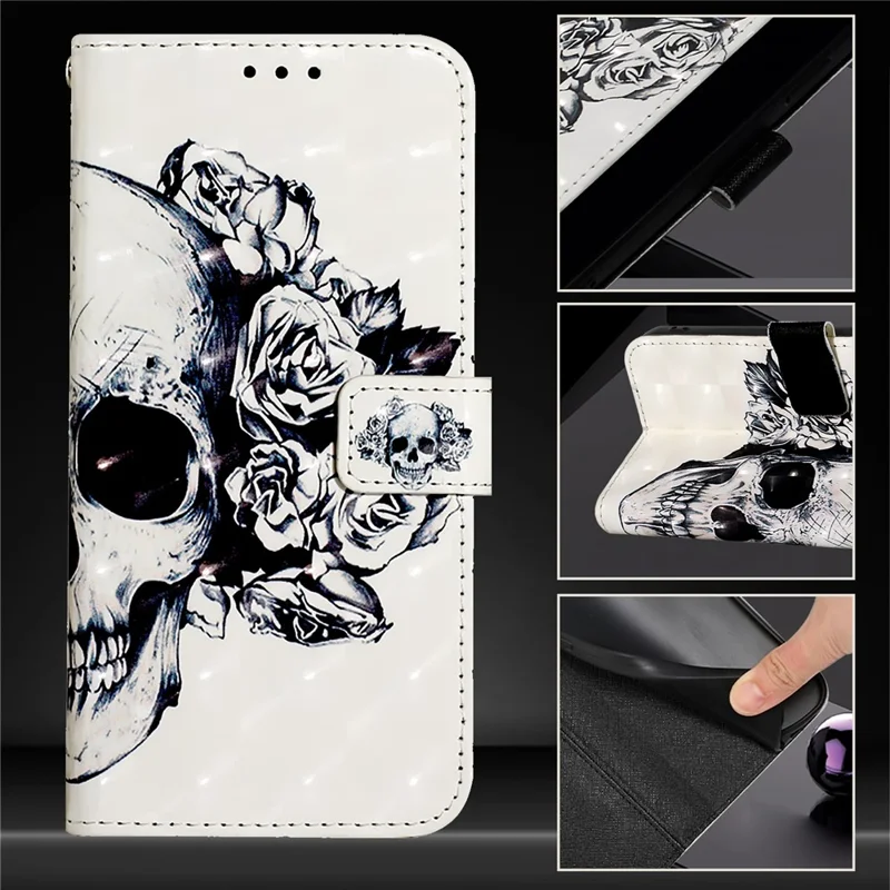 For iPhone 17e / 16e Leather Case Pattern Printing Wallet Stand Mobile Cover with Strap - Skull