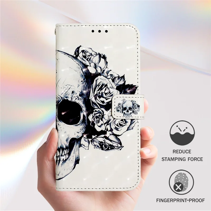 For iPhone 17e / 16e Leather Case Pattern Printing Wallet Stand Mobile Cover with Strap - Skull