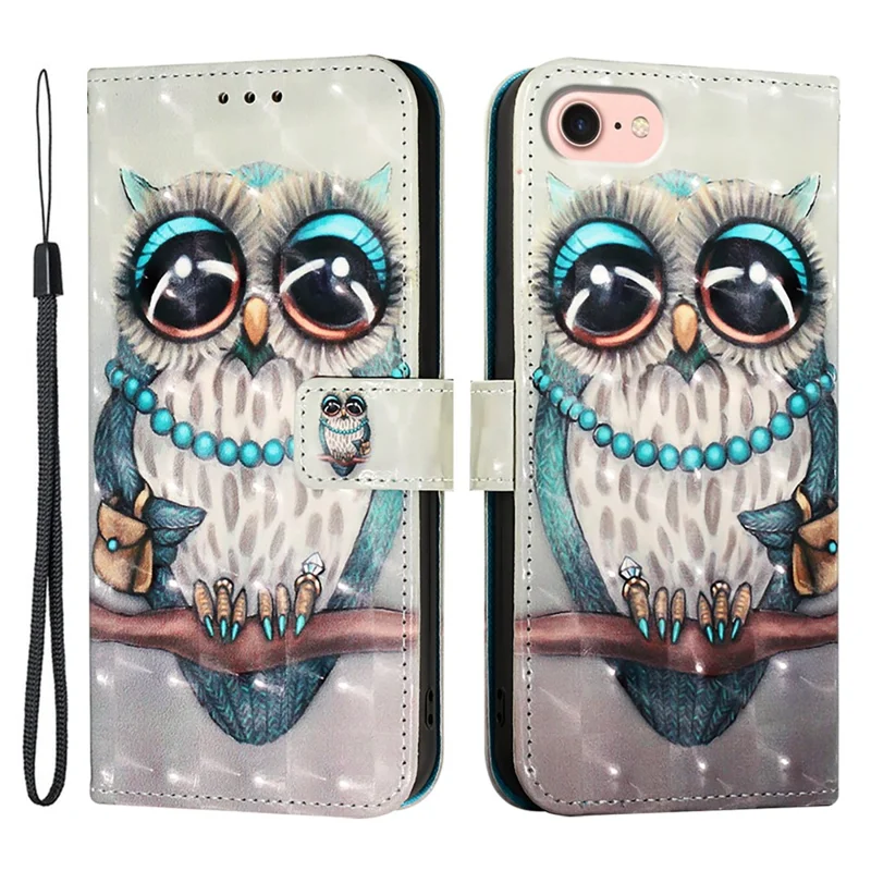 For iPhone 17e / 16e Leather Case Pattern Printing Wallet Stand Mobile Cover with Strap - Grey Owl