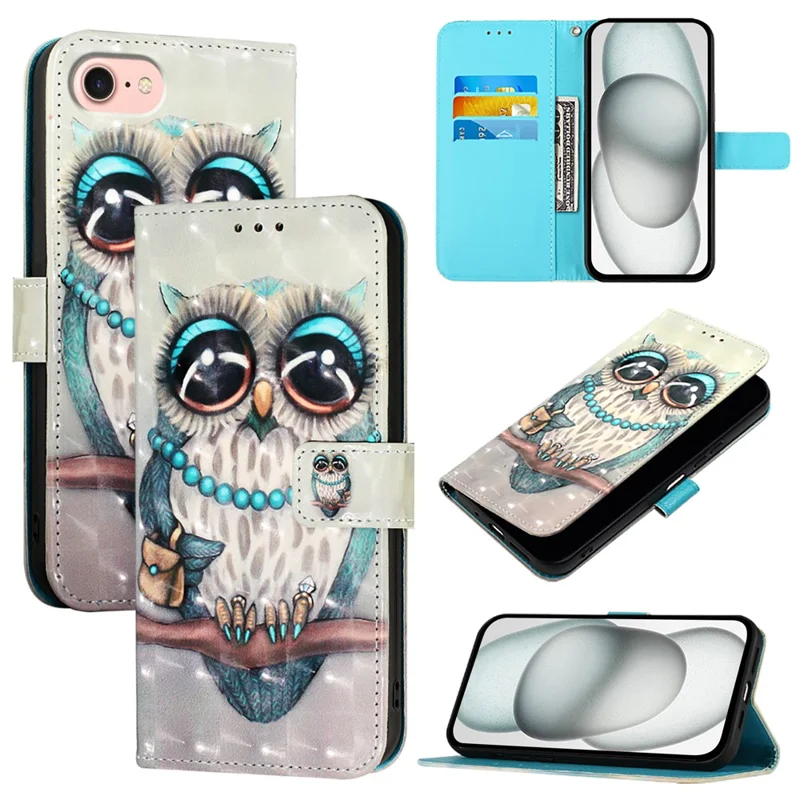For iPhone 17e / 16e Leather Case Pattern Printing Wallet Stand Mobile Cover with Strap - Grey Owl