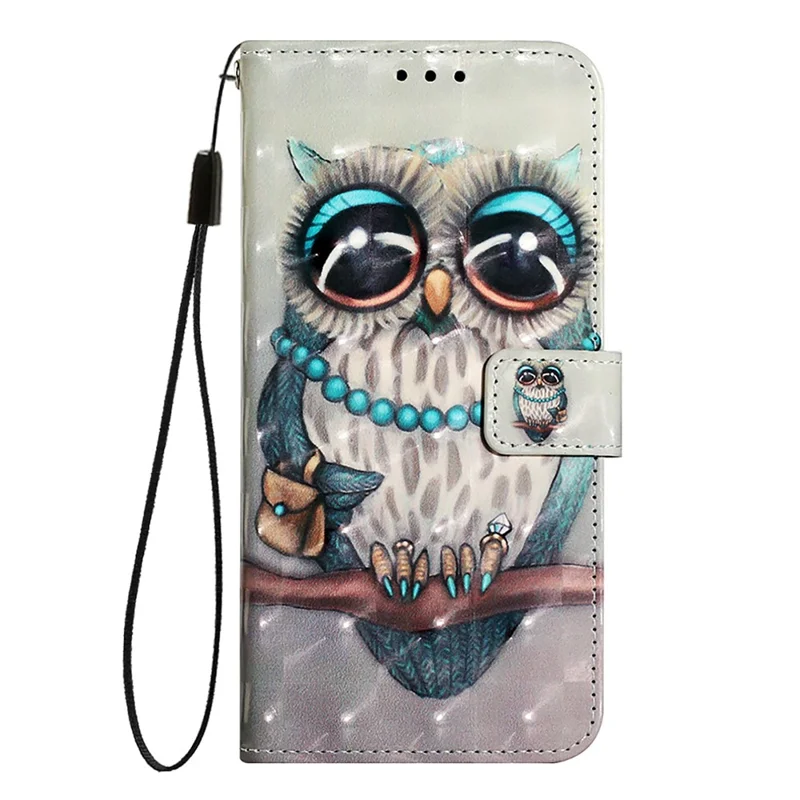 For iPhone 17e / 16e Leather Case Pattern Printing Wallet Stand Mobile Cover with Strap - Grey Owl