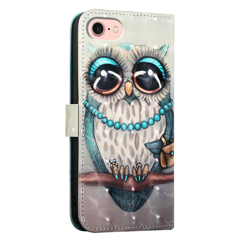 For iPhone 17e / 16e Leather Case Pattern Printing Wallet Stand Mobile Cover with Strap - Grey Owl