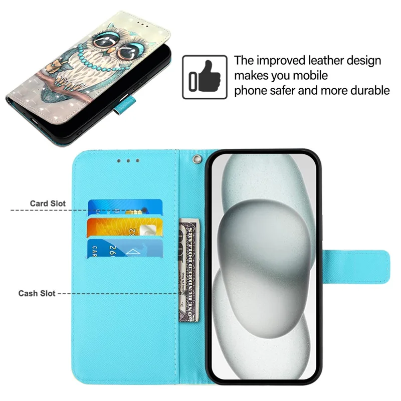 For iPhone 17e / 16e Leather Case Pattern Printing Wallet Stand Mobile Cover with Strap - Grey Owl