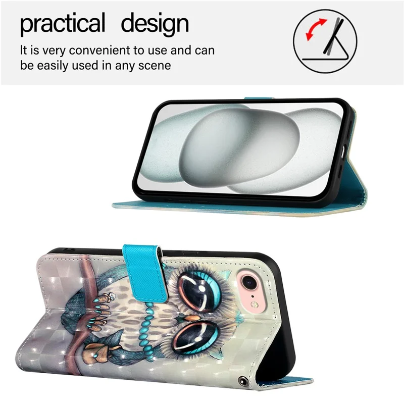 For iPhone 17e / 16e Leather Case Pattern Printing Wallet Stand Mobile Cover with Strap - Grey Owl