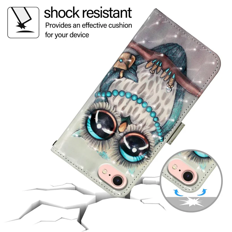 For iPhone 17e / 16e Leather Case Pattern Printing Wallet Stand Mobile Cover with Strap - Grey Owl