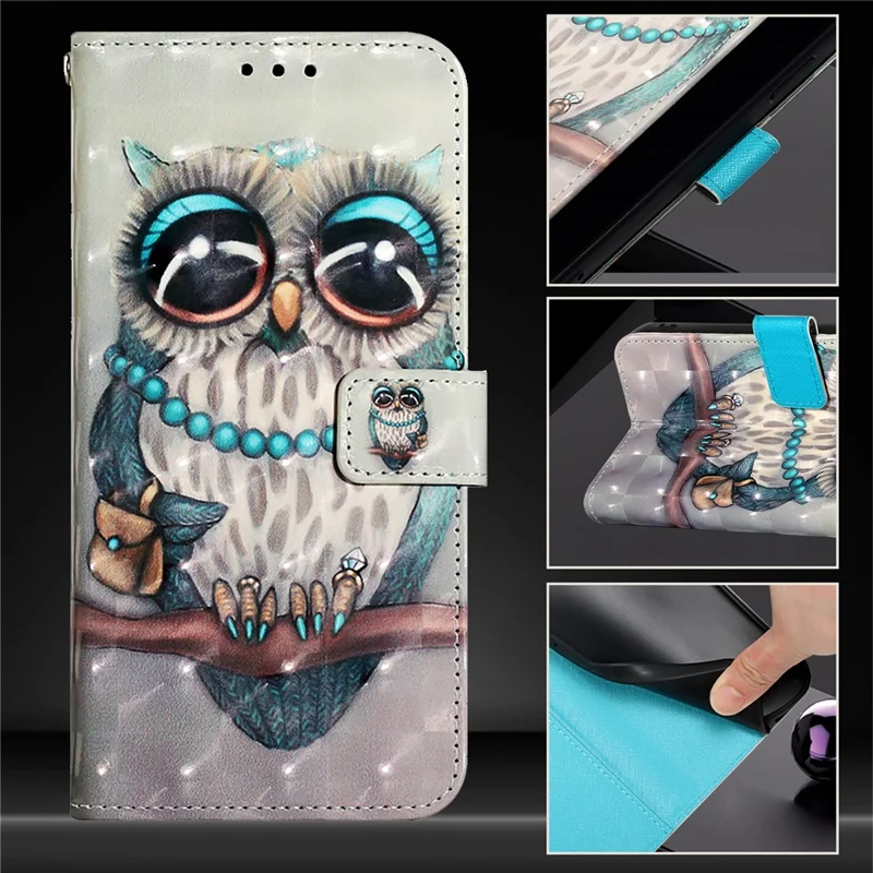 For iPhone 17e / 16e Leather Case Pattern Printing Wallet Stand Mobile Cover with Strap - Grey Owl