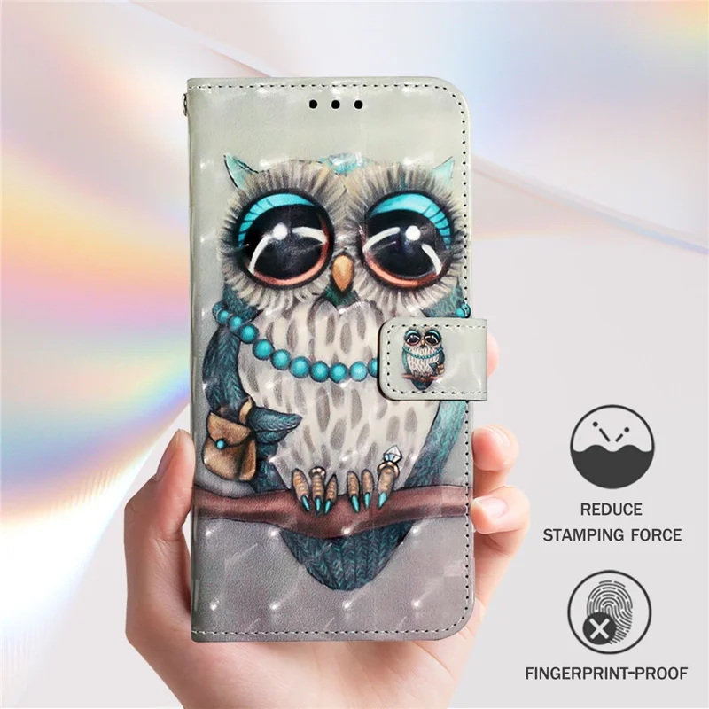 For iPhone 17e / 16e Leather Case Pattern Printing Wallet Stand Mobile Cover with Strap - Grey Owl