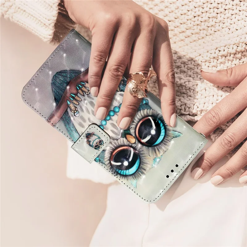For iPhone 17e / 16e Leather Case Pattern Printing Wallet Stand Mobile Cover with Strap - Grey Owl