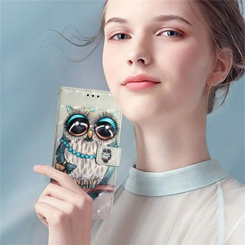 For iPhone 17e / 16e Leather Case Pattern Printing Wallet Stand Mobile Cover with Strap - Grey Owl