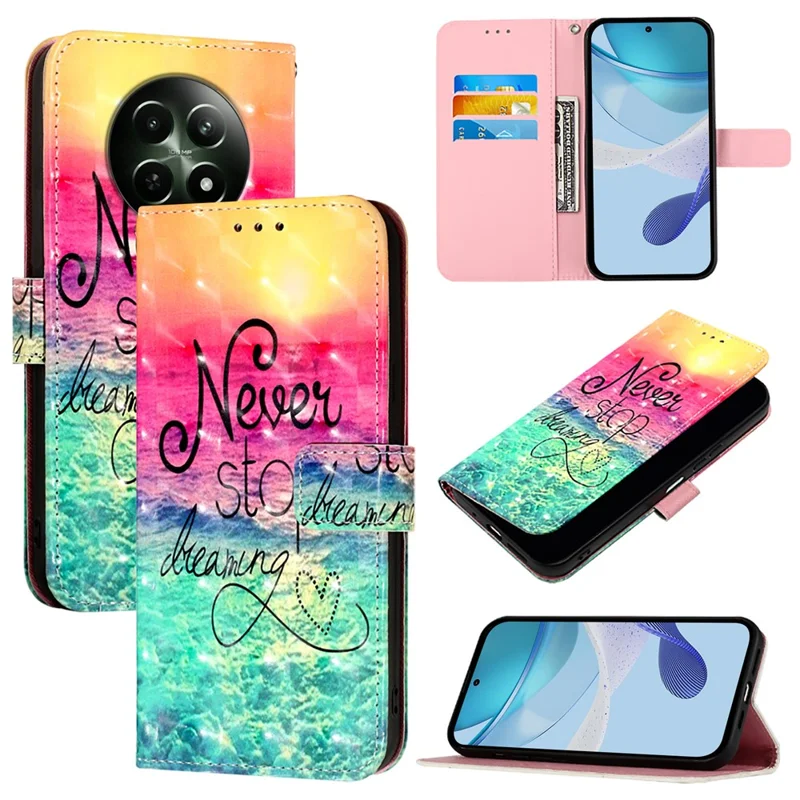 For Realme 12 5G Leather Case Pattern Printing Wallet Stand Mobile Cover with Strap - Never Stop Dreaming