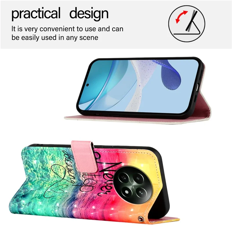For Realme 12 5G Leather Case Pattern Printing Wallet Stand Mobile Cover with Strap - Never Stop Dreaming