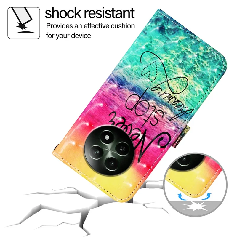 For Realme 12 5G Leather Case Pattern Printing Wallet Stand Mobile Cover with Strap - Never Stop Dreaming