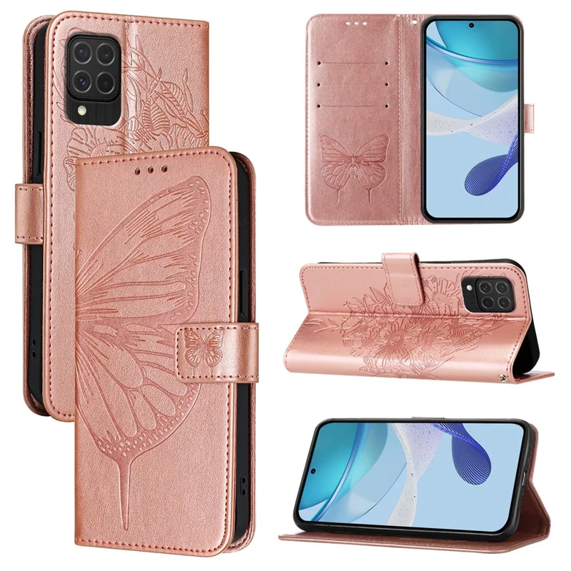 YB Imprimindo Série-4 Para Samsung Galaxy M62 Carteira de Caixa Butterfly Flower Top Tampa - Rosa Ouro